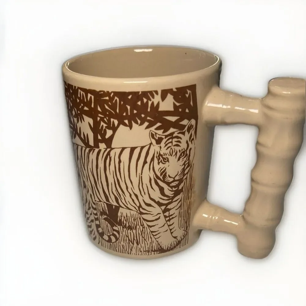 ARNART - Vtg Brown & Tan Tiger Safari Jungle Bamboo Royal Crown Coffee Cup Mug